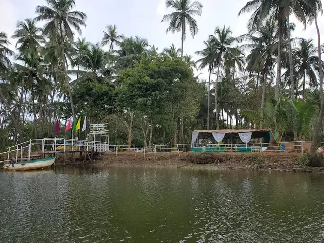 The jetty, boat and shaded deck on the private island, under coconut palms